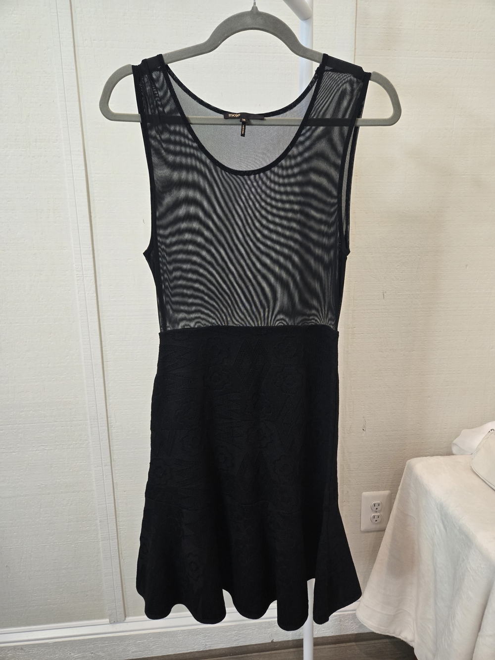 Maje Black Sheer Lace Fit-and-Flare Mini Dress